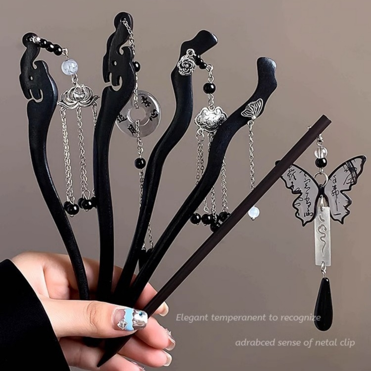 Women Accessories Aesthetic - หรูหราไม้พู่ Hairpin สําหรับผู้หญิง Vintage หมึกผีเสื้อจี้ผมสไตล์จีน Ebony