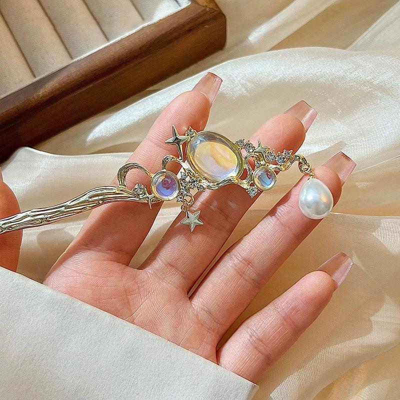Women Accessories Aesthetic - ปิ่นปักผมมูนสโตนพร้อมพู่ดาวและไข่มุก – ปิ่นปักผมสีเงิน, เครื่องประดับผมสไตล์จีนโบราณ