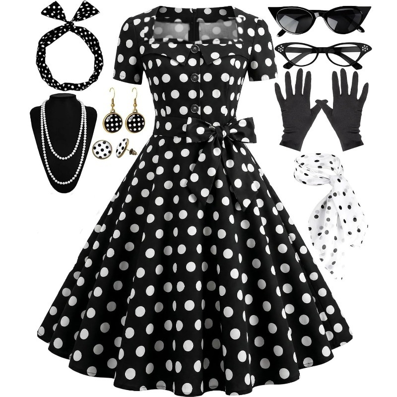 Women'S Accessories In The 1950S - ชุดเดรสวินเทจสไตล์ยุค 50 สำหรับผู้หญิง ชุดเดรสลายจุดสไตล์ร็อคอะบิลลี่สำหรับงานเลี้ยงน้ำชา พร้อมเครื่องประดับ