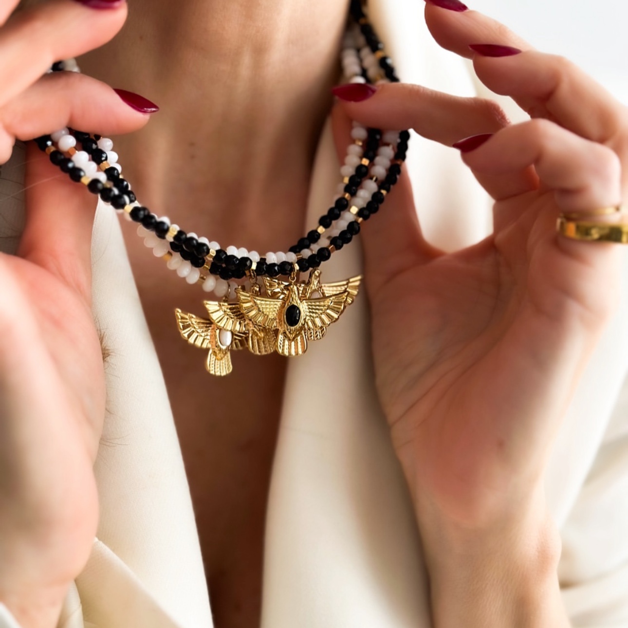 Women'S Eagles Accessories - จี้รูปนกอินทรีสแตนเลสข้ามพรมแดน, อาเกตสีดำ, หยกขาว, สร้อยคอลูกปัดแฟชั่น, เครื่องประดับสำหรับงานปาร์ตี้และงานแต่งงาน