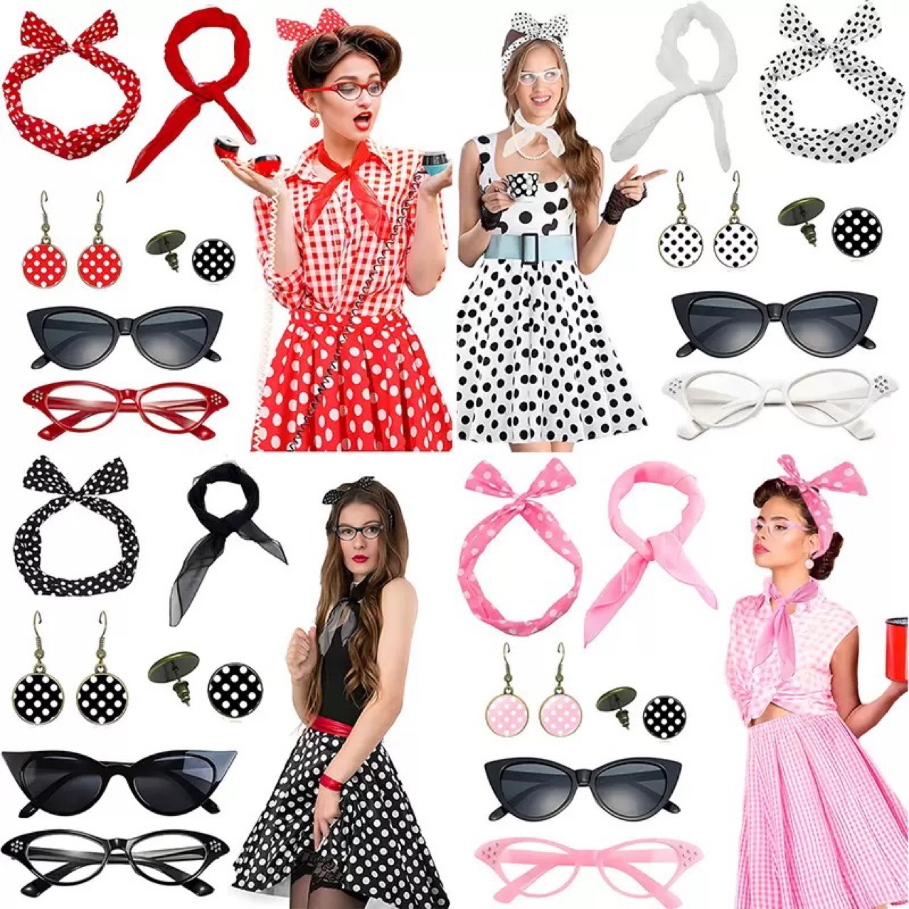 Women'S Accessories In The 1950S - ชุดคอสเพลย์ผู้หญิงสไตล์ฮิปปี้ย้อนยุคยุค 1950 พร้อมอุปกรณ์เสริม แว่นตา ผ้าพันคอ ที่คาดผมลายจุด