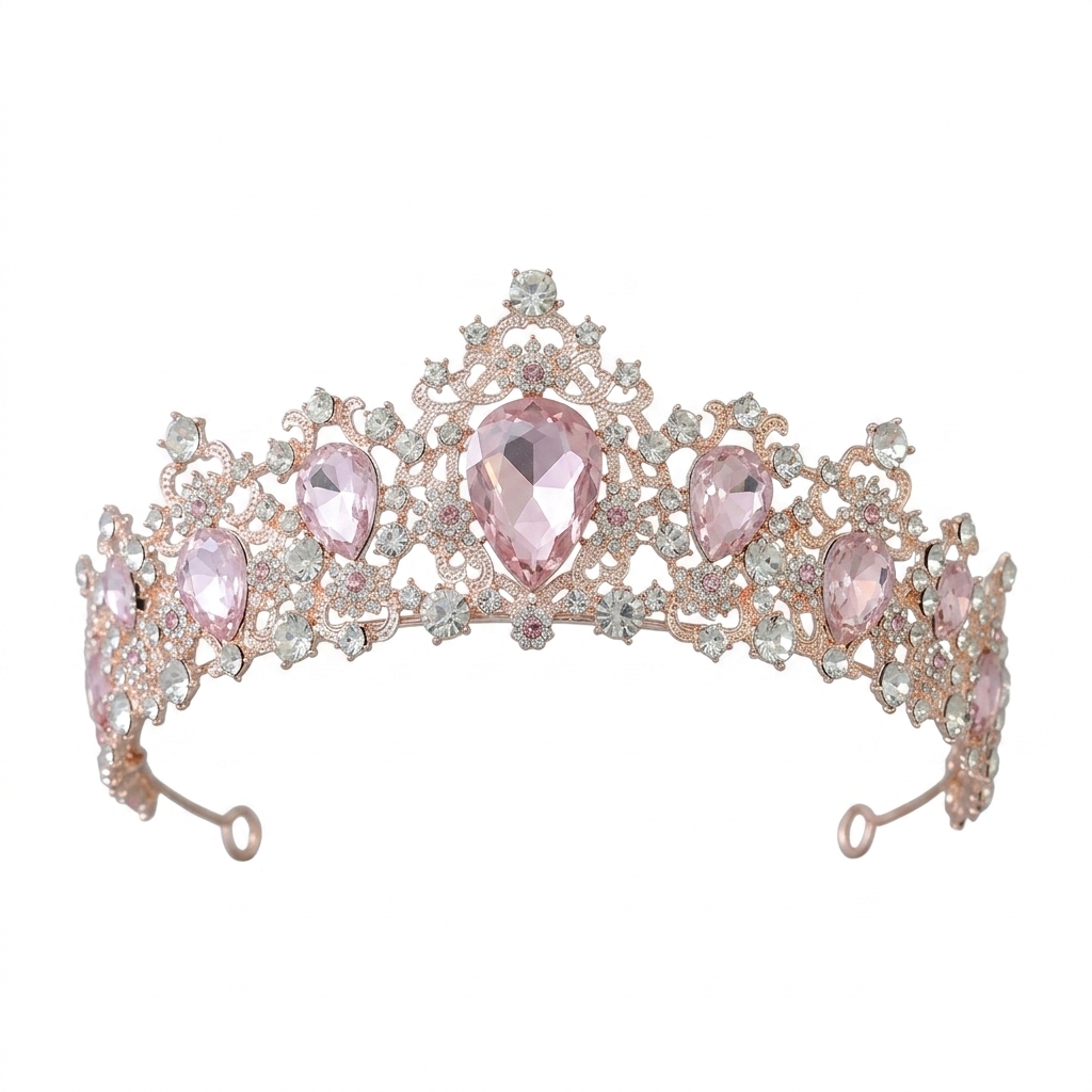 Women Accessories Photos - ที่คาดผมมงกุฎหรูหราสำหรับงานแต่งงาน งานประกวด ถ่ายภาพ มงกุฎโลหะผสมสีชมพู เครื่องประดับสุดโรแมนติก