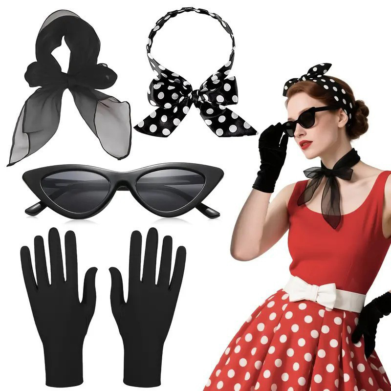 Women'S Accessories In The 1950S - 50s เรโทรเครื่องแต่งกายอุปกรณ์เสริมสตรี 1950s ชุดแฟนซีลายจุดผูกผมต่างหูแว่นตาปาร์ตี้คอสเพลย์สูท