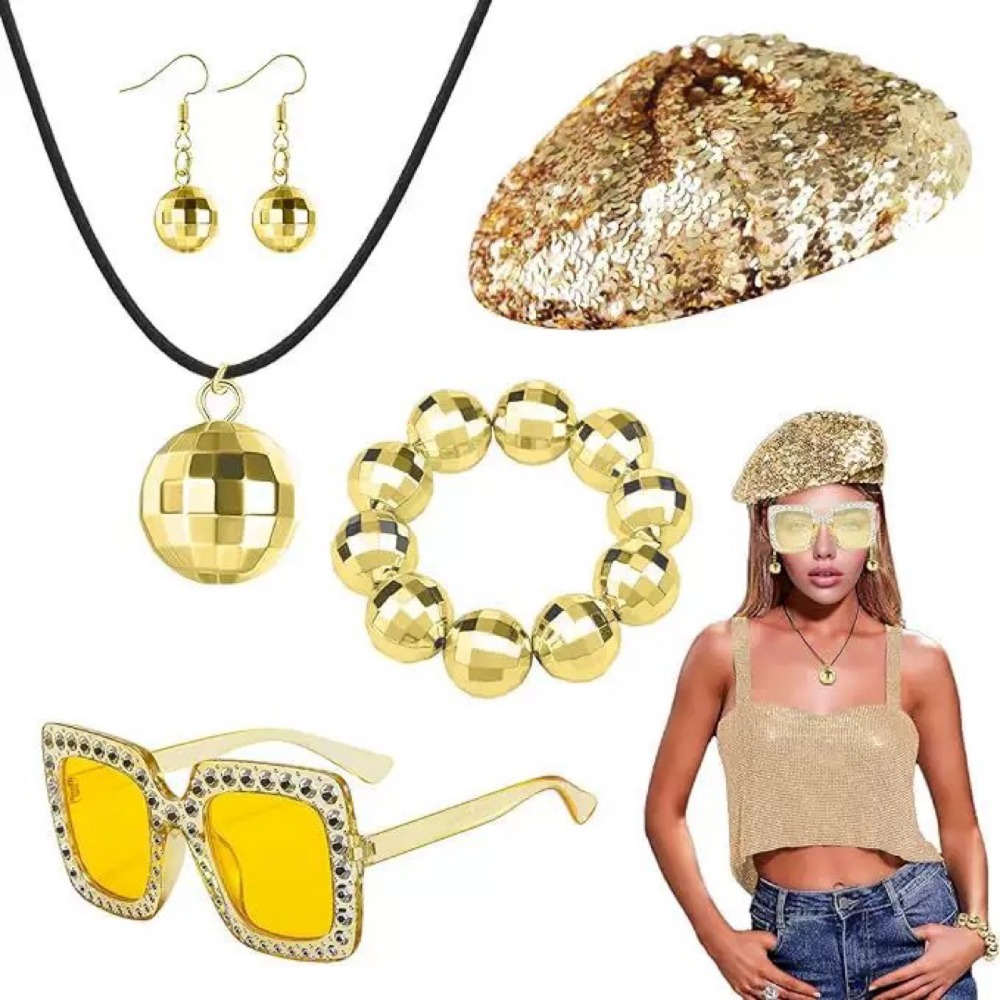 Women'S Accessories In The 70S - ชุดเครื่องประดับดิสโก้สไตล์ยุค 70 สำหรับผู้หญิง ประกอบด้วยสร้อยข้อมือแบบขด ต่างหู ที่คาดผมประดับเลื่อม